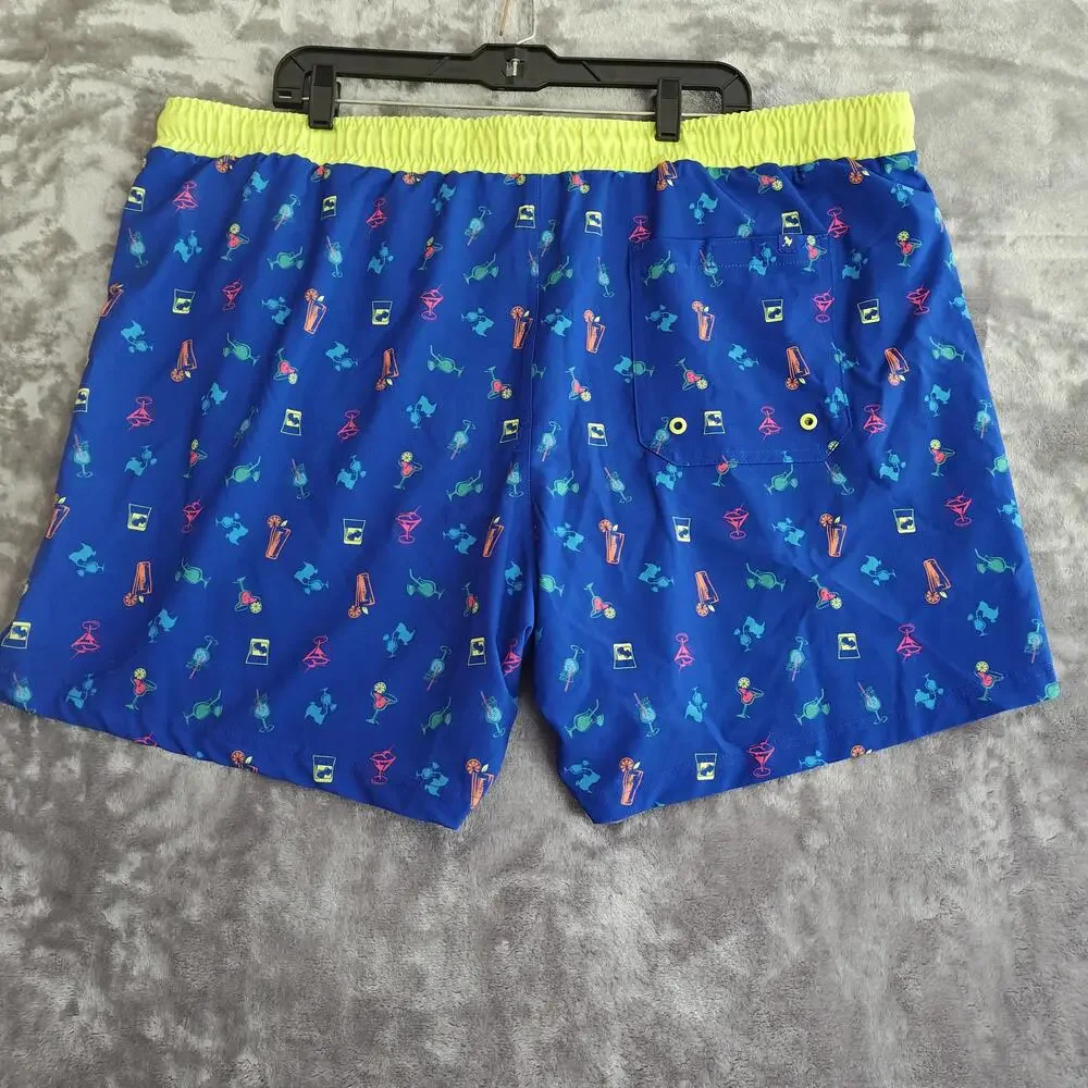 Birdie Bound Swim Shorts Mens 3XL Blue Tropical Cocktail Drinks Lined Stretch